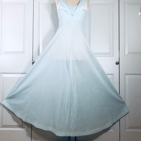 Vintage Ms Rita California Fit & Flare Wide Collar Lace Blue Dress Size S - Picture 2 of 16